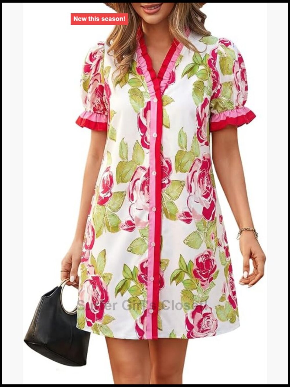 Women Floral Puff Sleeve Button Down Mini Dress with Pockets Short Sleeve